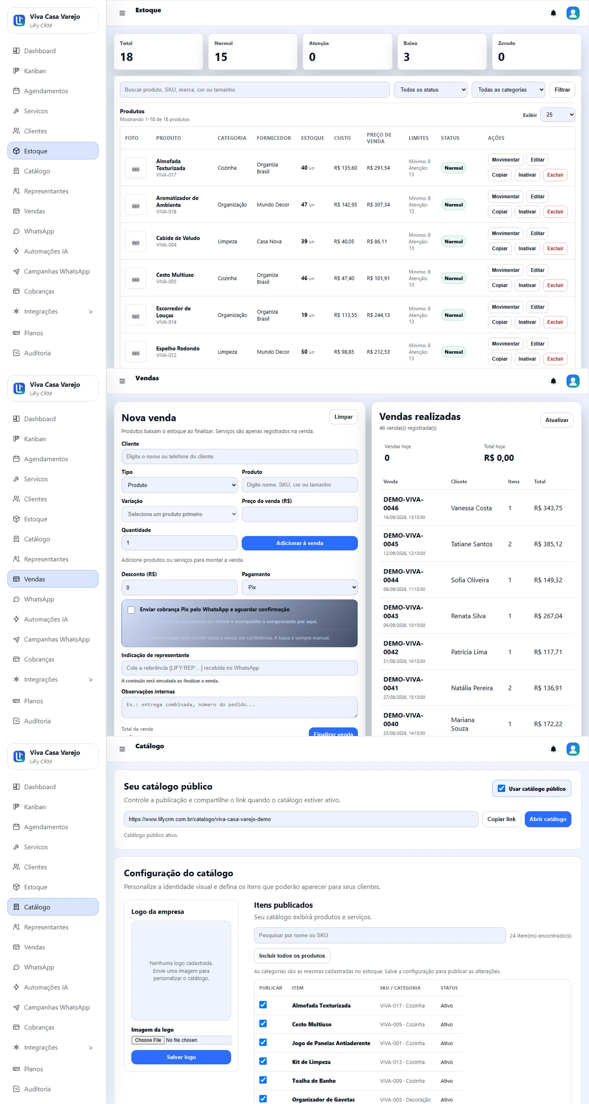 Tela real de estoque e produtos da LiFy CRM em um tablet, com dados demonstrativos